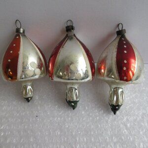 3 Glass Mushroom Finial Christmas Ornament Poland 4" Hand Painted Vintage